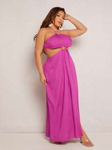 SHEIN SXY Plus Cut Out Split Thigh Tie Backless Halter Dress - Red Violet - View 4