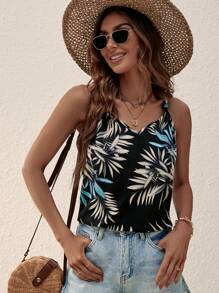 SHEIN LUNE 熱帶圖案背心上衣 - 黑色 - 查看 1