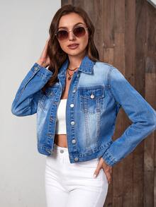 SHEIN Essnce 翻蓋口袋牛仔夾克 - 中等水洗藍 - 查看 5