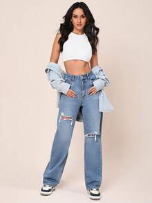 SHEINBlues Jeans de pernera ancha desgastados Coolmax - Lavado ligero - Ver 2