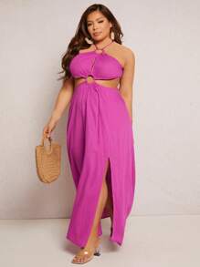 SHEIN SXY Plus Cut Out Split Thigh Tie Backless Halter Dress - Red Violet - View 6