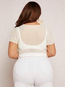 SHEIN SXY Plus Lettuce Trim Split Hem Mesh Top Without Bra - Beige - View 2