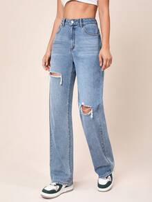 SHEINBlues Jeans de pernera ancha desgastados Coolmax - Lavado ligero - Ver 6