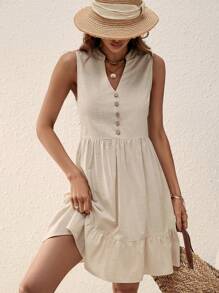 SHEIN LUNE 素色前紐扣荷葉邊連衣裙 - 卡其色 - 查看 1