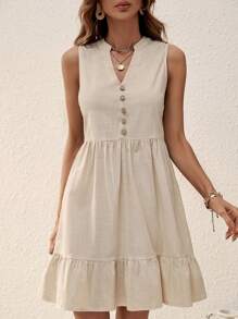 SHEIN LUNE 素色前紐扣荷葉邊連衣裙 - 卡其色 - 查看 3