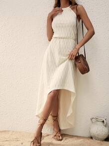 SHEIN Clasi Đầm Cao thấp Buộc lại màu trơn Giải trí - Màu be - Xem 3