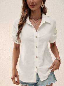 SHEIN LUNE Solid Button Front Roll Up Sleeve Shirt - Beige - View 3