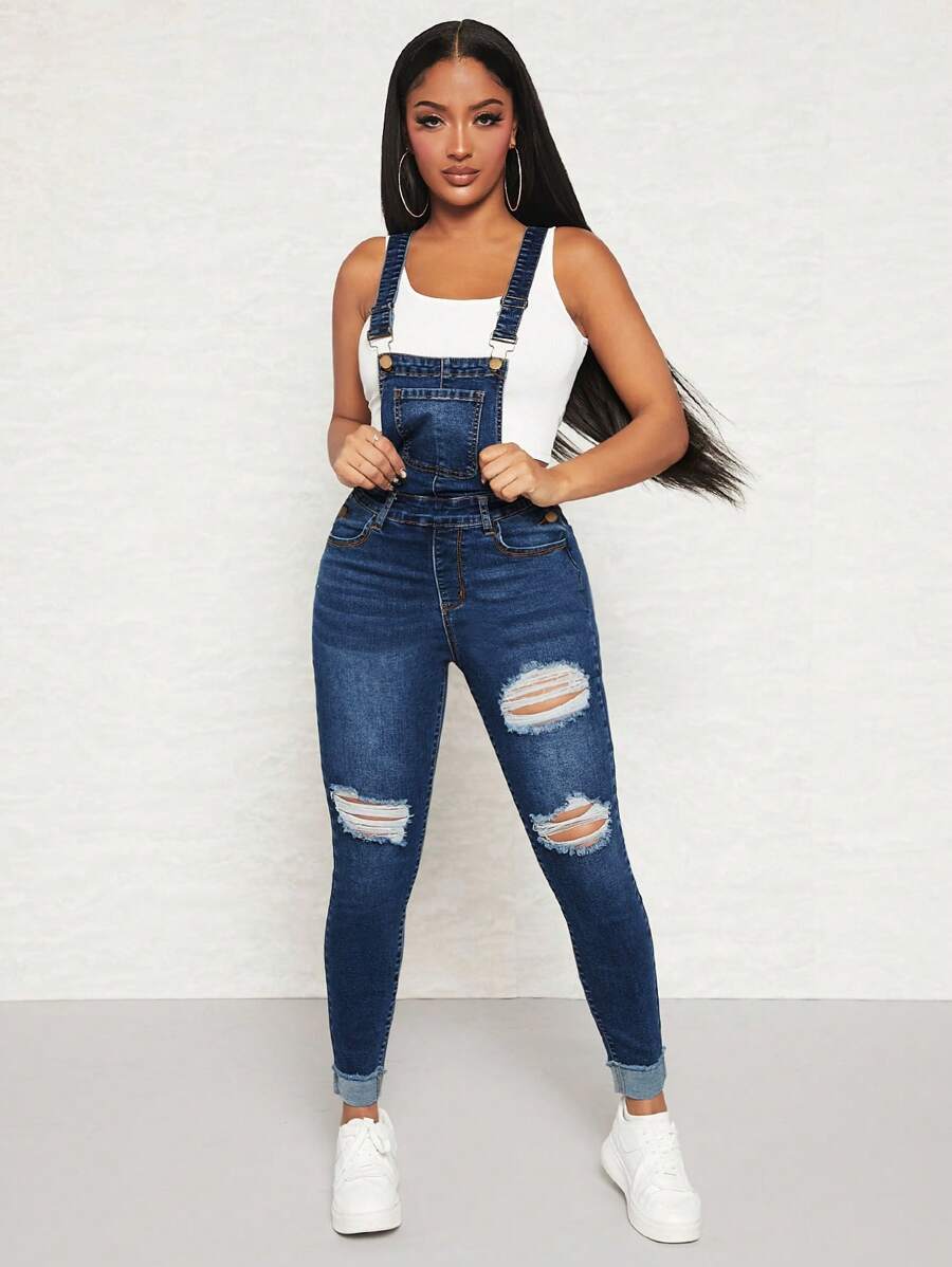 SHEIN SXY Ripped Frayed Denim Dungarees Without Tank Top - Dark Wash - View 1