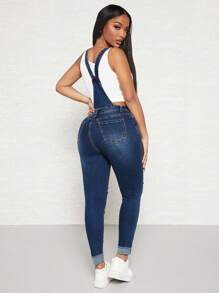 SHEIN SXY Ripped Frayed Denim Dungarees Without Tank Top - Dark Wash - View 2