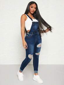 SHEIN SXY Ripped Frayed Denim Dungarees Without Tank Top - Dark Wash - View 4