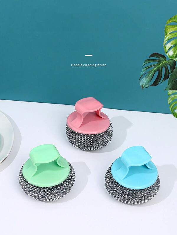 Kitchen Pot Brush With Handle, Replaceable And Non-Shedding Steel Wire Ball Cleaning Brush [Handle Color Random],Kitchen,Bathroom,Home,Household Suppliers
