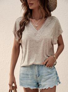 SHEIN LUNE Guipure Lace Panel Batwing Sleeve Tee - Brown - View 3