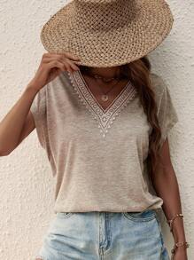 SHEIN LUNE Guipure Lace Panel Batwing Sleeve Tee - Brown - View 4