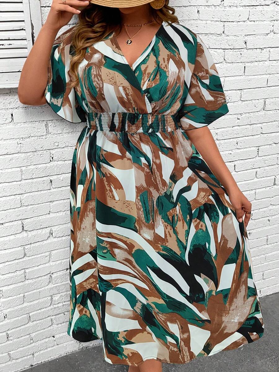 SHEIN Holidaya 大碼休閒交叉 打褶全身印花連衣裙 - 彩色 - 查看 1