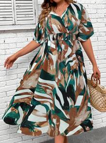 SHEIN Holidaya 大碼休閒交叉 打褶全身印花連衣裙 - 彩色 - 查看 5