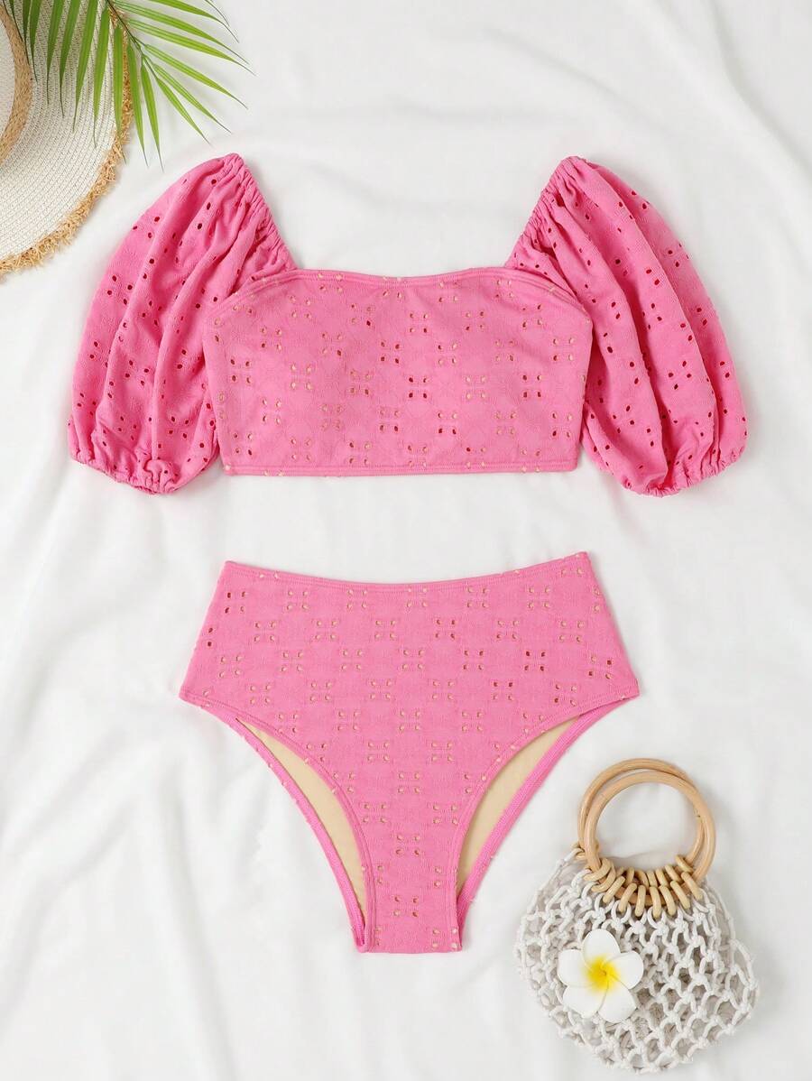 SHEIN Eyelet Embroidery High Waisted Bikini Set, For Summer Beach Vacation - Pink - View 1