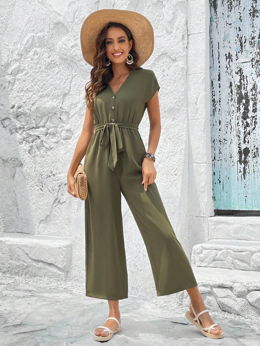 EMERY ROSE Solid Wide Leg Belted Jumpsuit - Army Green - View 1