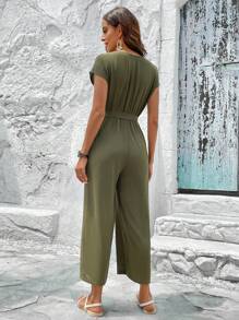 EMERY ROSE Solid Wide Leg Belted Jumpsuit - Army Green - View 2