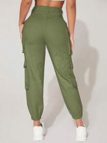 SHEIN PETITE Quần jean nữ Nút Túi Dây kéo màu trơn - xanh quân đội - Xem 2