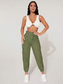 SHEIN PETITE Quần jean nữ Nút Túi Dây kéo màu trơn - xanh quân đội - Xem 4