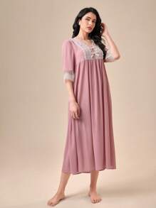 SHEIN Unity Váy ngủ & áo ngủ Nữ Nơ Bướm Tương phản ren Tranh thêu Khối Màu - Bụi hồng - Xem 4