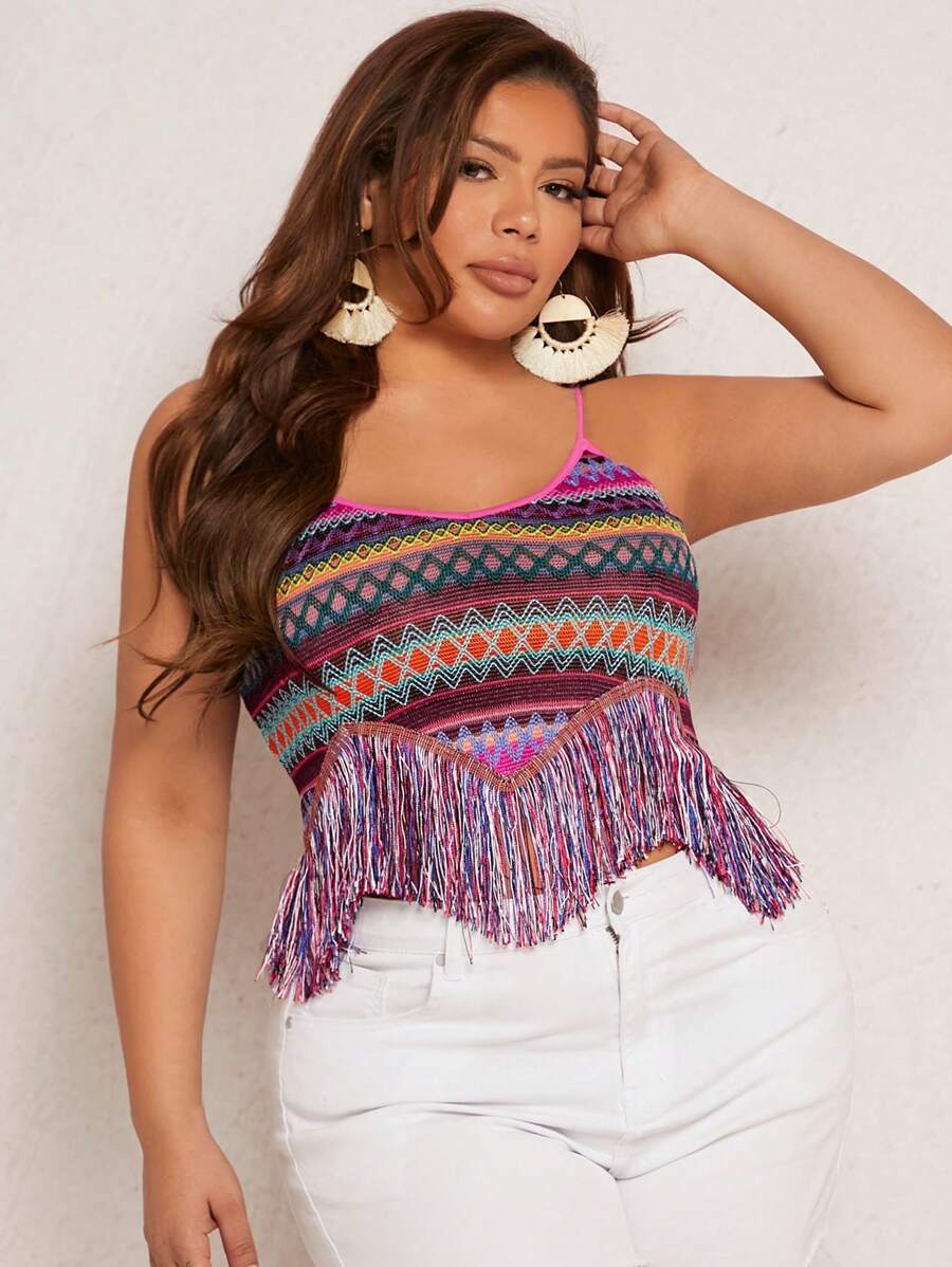 SHEIN SXY Plus Chevron Pattern Fringe Hem Cami Top - Multicolor - View 1