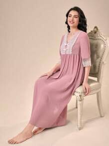 SHEIN Unity Váy ngủ & áo ngủ Nữ Nơ Bướm Tương phản ren Tranh thêu Khối Màu - Bụi hồng - Xem 5