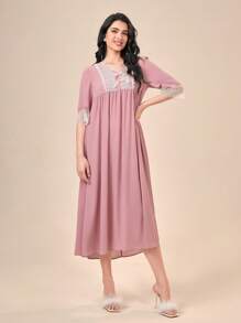 SHEIN Unity Váy ngủ & áo ngủ Nữ Nơ Bướm Tương phản ren Tranh thêu Khối Màu - Bụi hồng - Xem 6