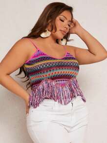 SHEIN SXY Plus Chevron Pattern Fringe Hem Cami Top - Multicolor - View 5