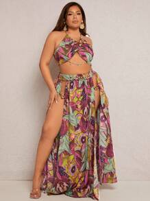 SHEIN SXY Plus Tropical Print Halter Top & Split Thigh Skirt - Multicolor - View 3