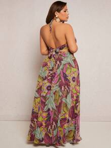 SHEIN SXY Plus Tropical Print Halter Top & Split Thigh Skirt - Multicolor - View 2