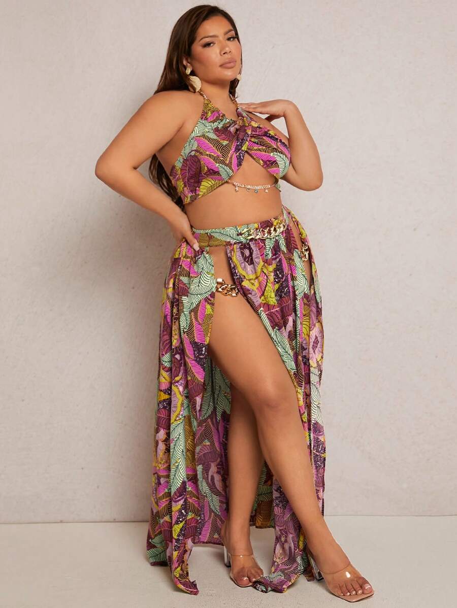SHEIN SXY Plus Tropical Print Halter Top & Split Thigh Skirt - Multicolor - View 1