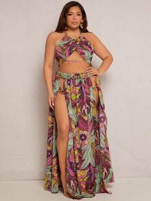 SHEIN SXY Plus Tropical Print Halter Top & Split Thigh Skirt - Multicolor - View 4