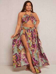 SHEIN SXY Plus Tropical Print Halter Top & Split Thigh Skirt - Multicolor - View 5