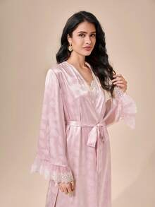 SHEIN Unity Bata de malla en contraste con bordado con cinturón de satén sin vestido de tirantes - Rosa Pálido - Ver 5