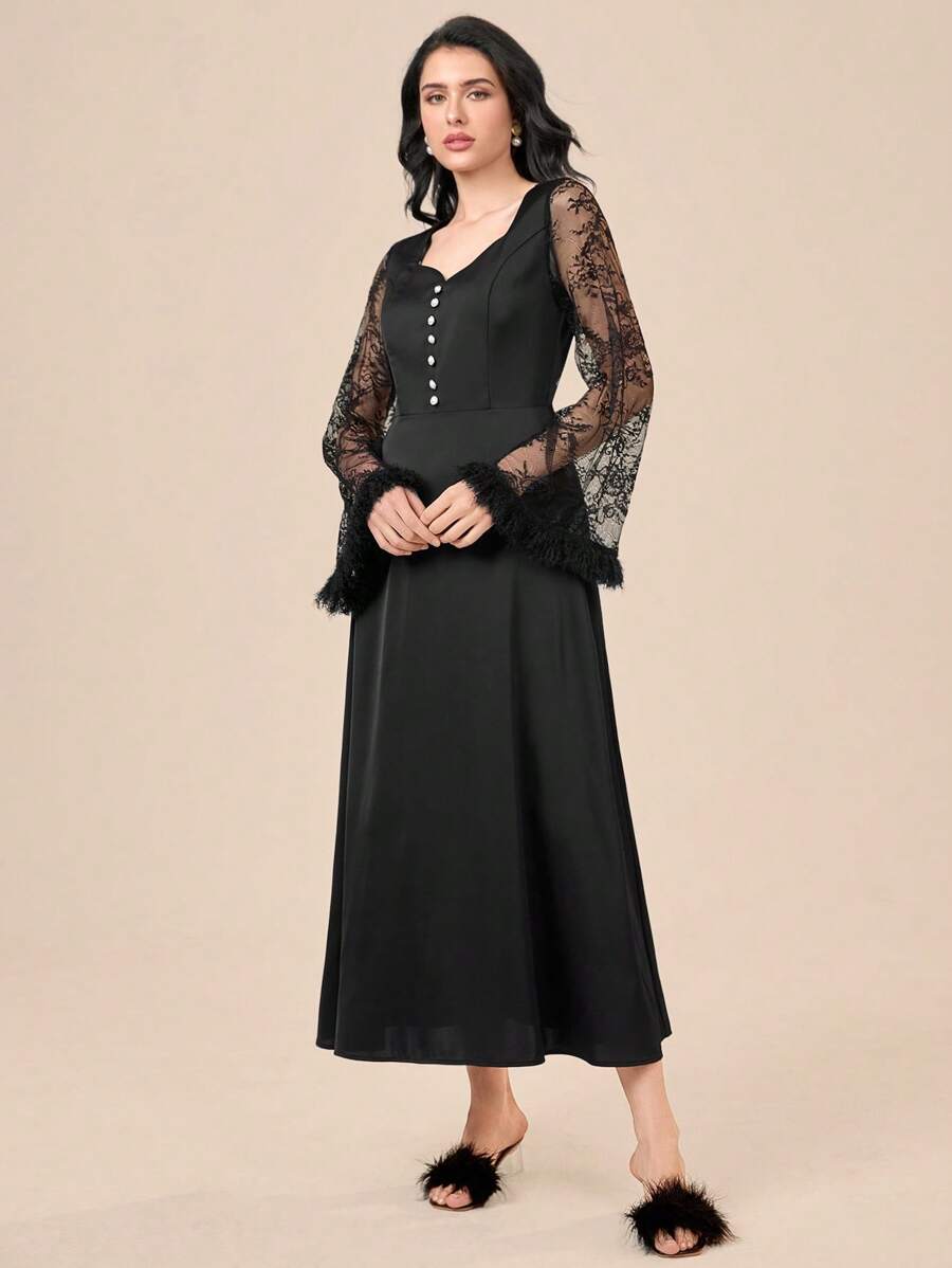 SHEIN Unity Contrast Lace Flounce Sleeve Pearls Beaded Detail Nightdress - Black - View 1