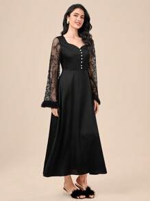 SHEIN Unity Contrast Lace Flounce Sleeve Pearls Beaded Detail Nightdress - Black - View 3