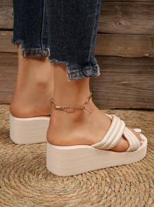 Women Criss Cross Wedge Slide Sandals, Fabric Elegant Sandals - Beige - View 4