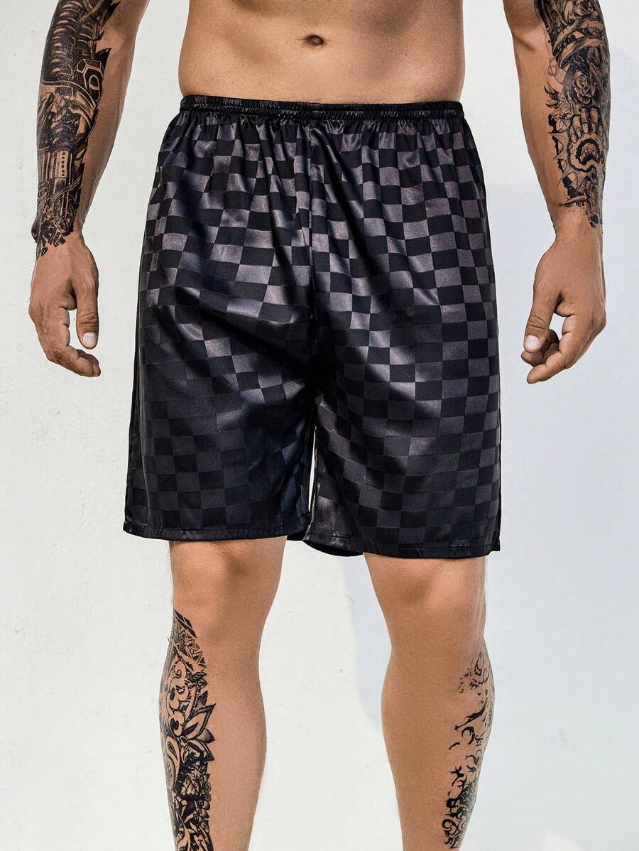 Men Checkerboard Print Satin Sleep Shorts - Black - View 1