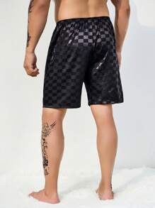 Men Checkerboard Print Satin Sleep Shorts - Black - View 2