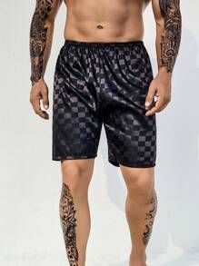 Men Checkerboard Print Satin Sleep Shorts - Black - View 5