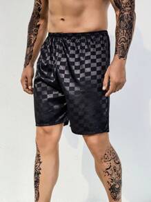 Men Checkerboard Print Satin Sleep Shorts - Black - View 6