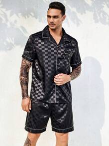 Hombres Conjunto de pijama con estampado de cuadros ribete en contraste - Negro - Ver 1