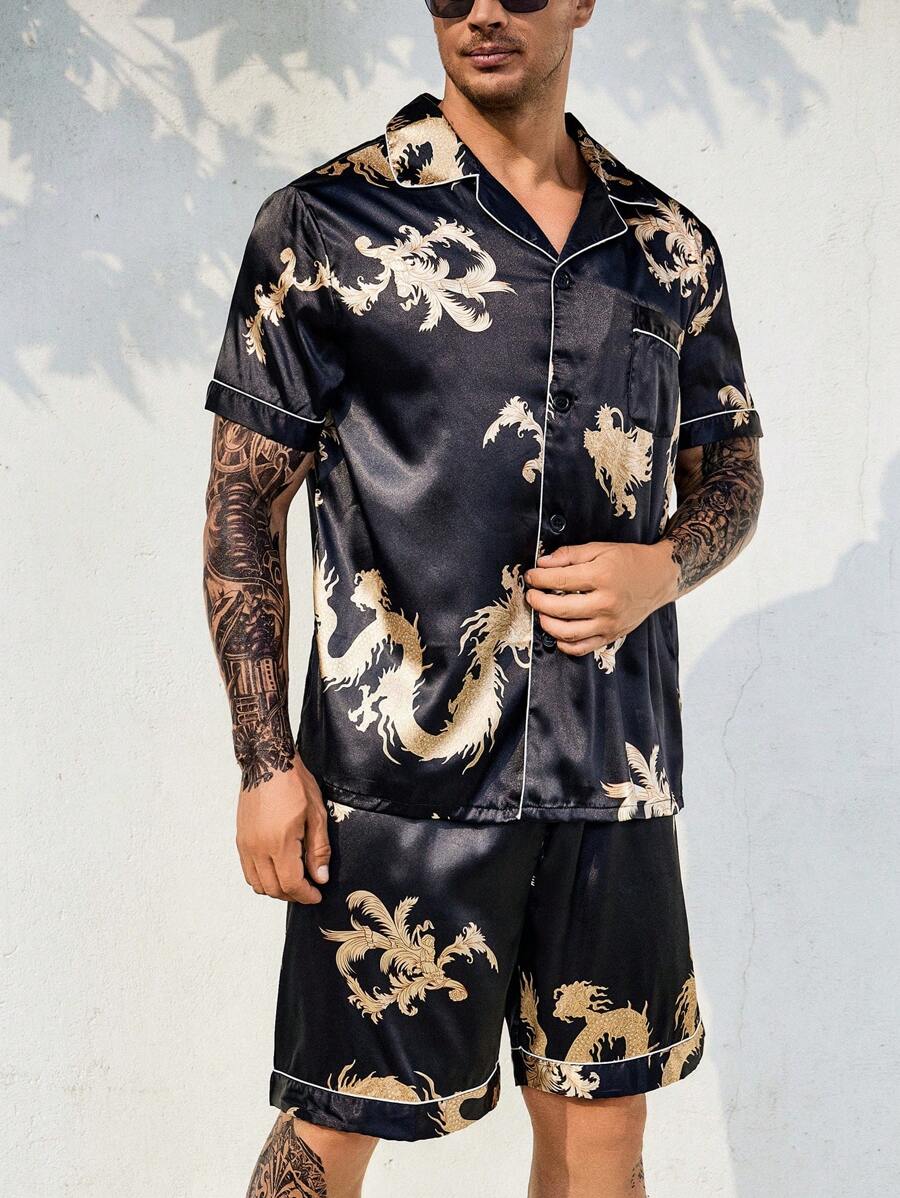 Men Dragon Print Contrast Piping Satin PJ Set - Black - View 1