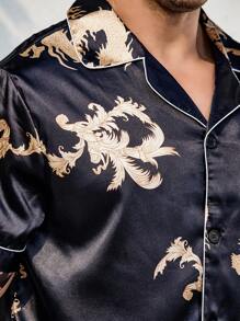 Men Dragon Print Contrast Piping Satin PJ Set - Black - View 5