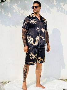 Men Dragon Print Contrast Piping Satin PJ Set - Black - View 6