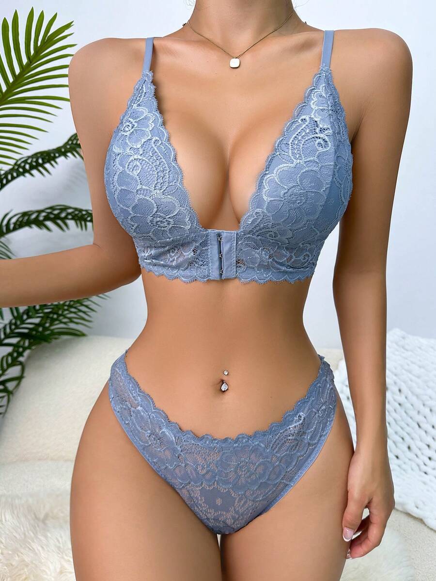 Conjunto de lencería de encaje floral que incluye sujetador y panty - Neblina azul - Ver 1
