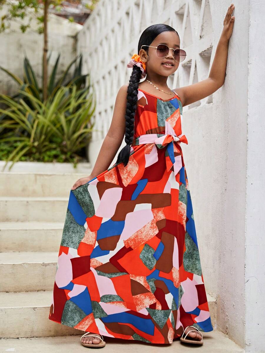 SHEIN Đầm Gái Thắt lưng Chắp vá Boho - Đỏ - Xem 1