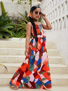 SHEIN Đầm Gái Thắt lưng Chắp vá Boho - Đỏ - Xem 3