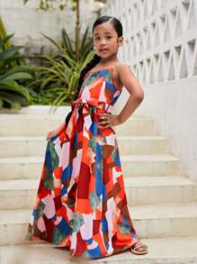 SHEIN Đầm Gái Thắt lưng Chắp vá Boho - Đỏ - Xem 4